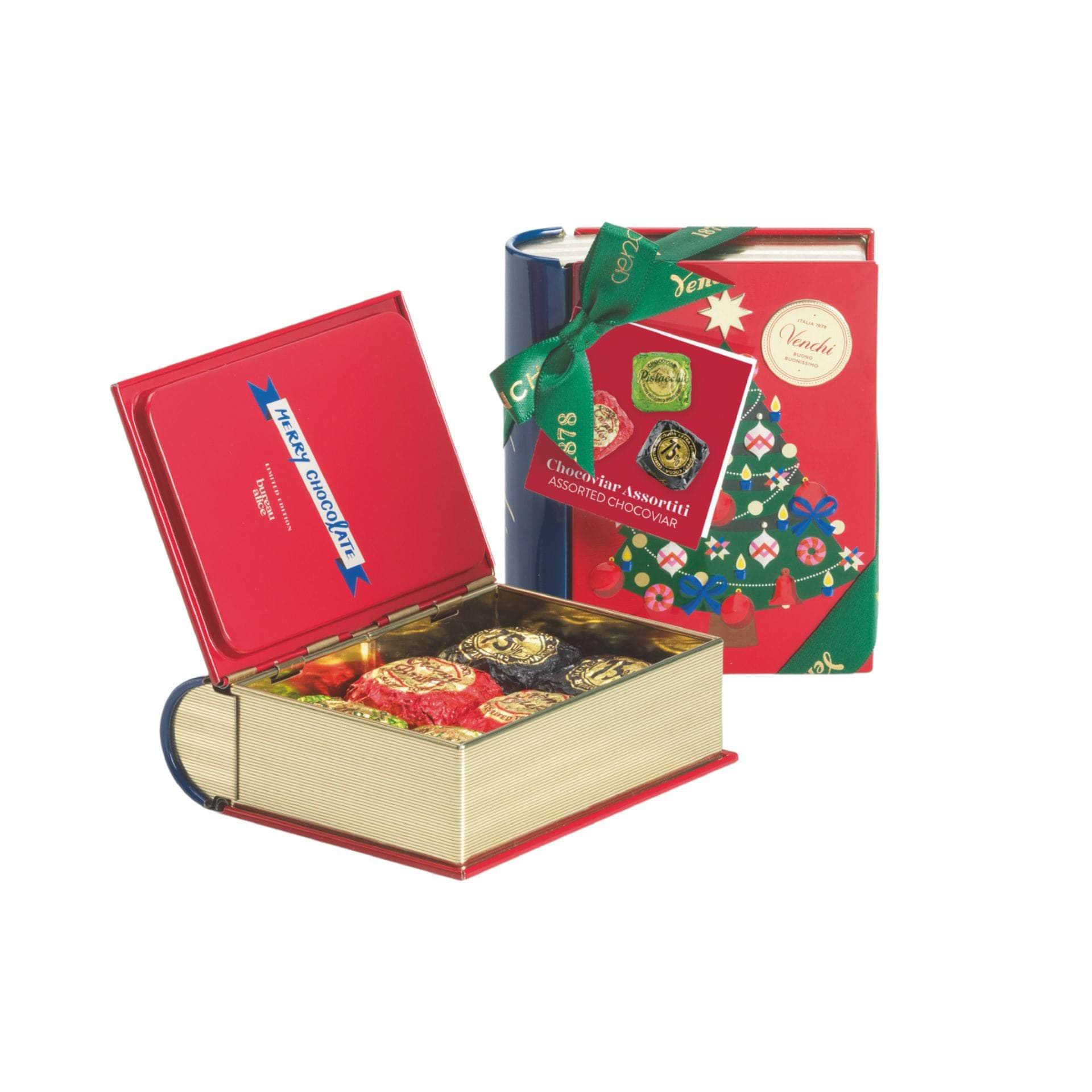 Tasty Ribbon Christmas Chocolate Mini Book Tin Christmas mini book with assorted Chocoviar chocolates | Chocolate Box | Chocolate Gifts