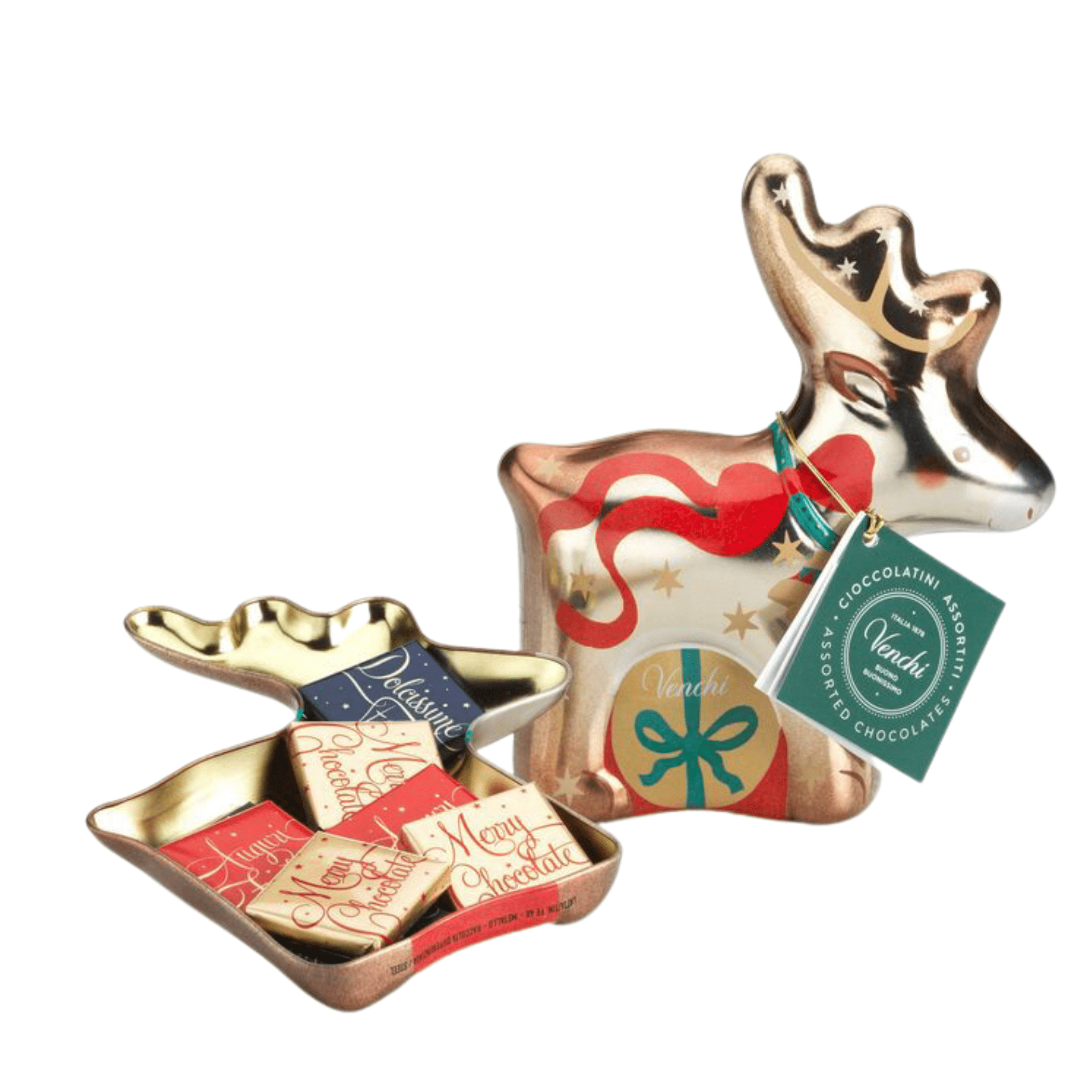Tasty Ribbon Reindeer Metal Tin with Assorted Chocolates